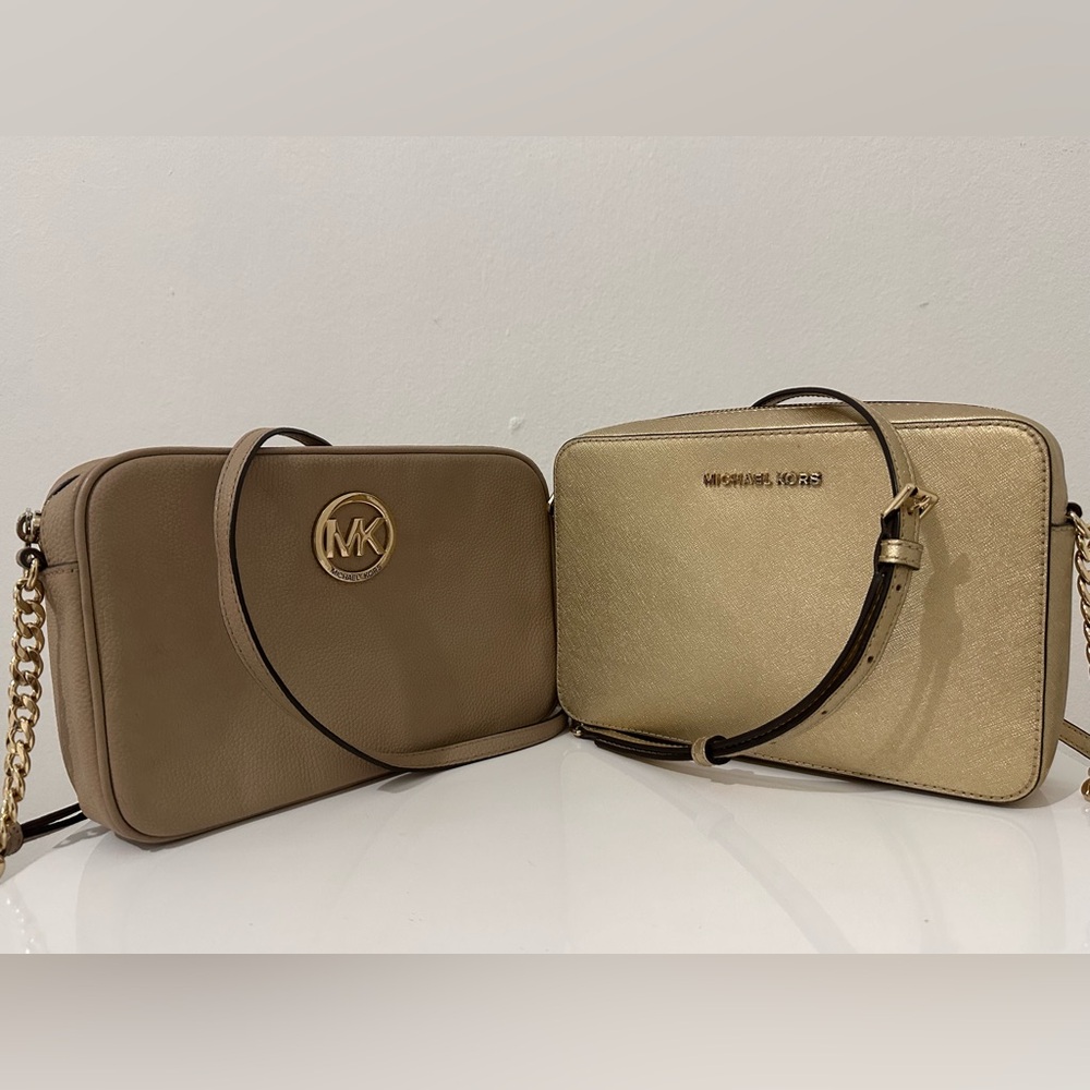 1 Michael Kors Tan Bag + 1 Michael Kors Gold Crossbody Bag- Combo of 2 Bags